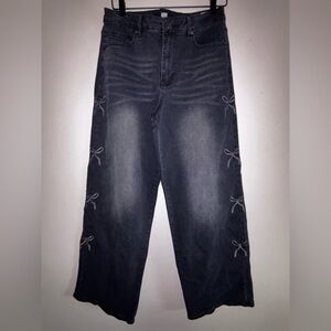 Women's faded black Wide Leg Jeans with  embroidered bows Accents.